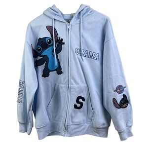 Disney Lilo & Stitch Light Blue Full Zip Hoodie Embroidered Chenille Patches XL